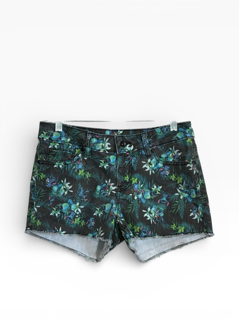 Disney Black Denim Shorts with Blue & Green Floral Print